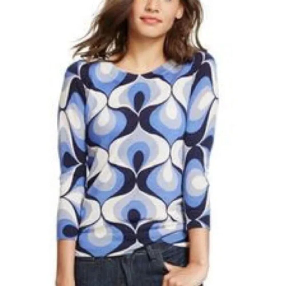 Boden Women's Blue Abstract Geometric Swirl Wool Sweater - 3/4 Sleeve - Size 2